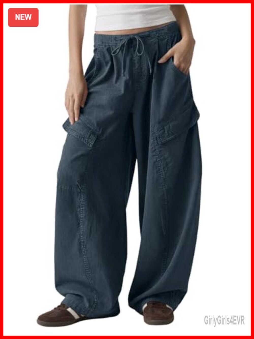 Womens Cotton Cargo Pants Barrel Leg Drawstring Waist Wide Leg